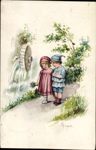 Artist Postcard Frank, Elly, boy and girl at a water mill