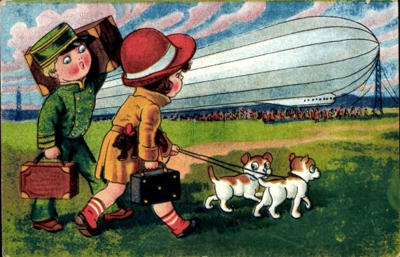 Artist Postcard airship, girl with dogs, porter