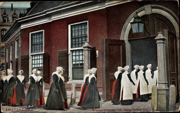 Postcard Amsterdam Nordholland Niederlande, Citizen orphan girls with entrance New Church