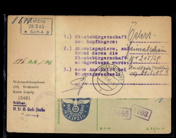 Money order, embossed stamp "28.3.45 Leipzig" with certificate of origin
