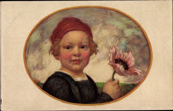 Artist PC Zumbusch, Ludwig von, Bavarian flower day 1913, boy with poppies