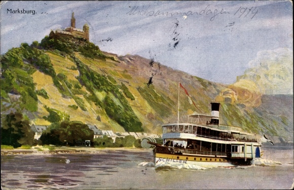 Artist PC Braubach am Rhein, Marksburg, Cologne Düsseldorfer Rheindampfschifffahrt, Rhine steamer