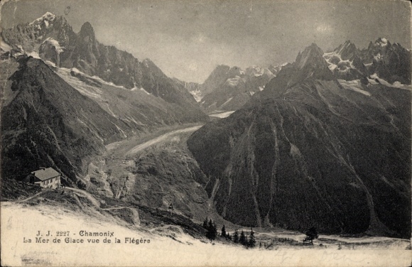 Ak Chamonix Mont Blanc Haute Savoie, Berglandschaft, Gletscher, Flégère, alte Architektur, Aussic