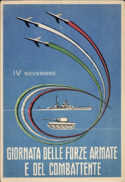 Künstler Ak Italien, 4. Nov., Tag der Streitkräfte u. der Kämpfer, Flugzeug, Kriegsschiff, Panzer