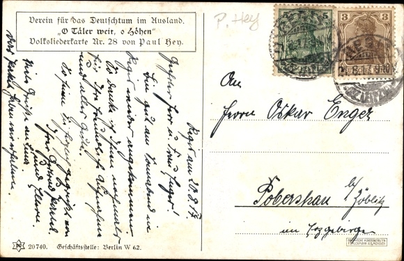 Song Postcard Hey, Paul, O valleys far, o heights, folk song card no. 28, Novitas 20 740