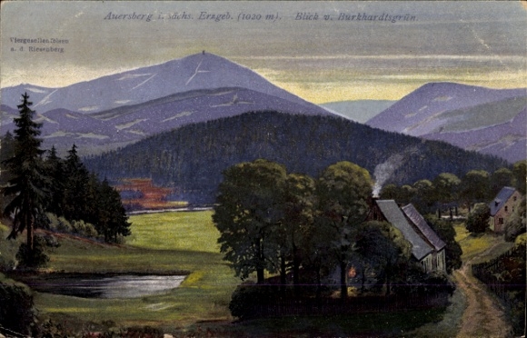 Artist Postcard Burkhardtsgrün Zschorlau in the Ore Mountains, residential houses in the village, view to the Auersberg
