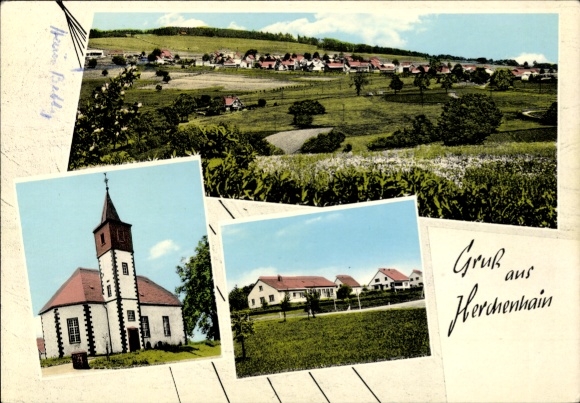 Postcard Herchenhain in Hesse, church, panorama