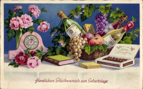 Postcard Congratulations Birthday, Champagne Bottles, Grapes, Clock, Flowers