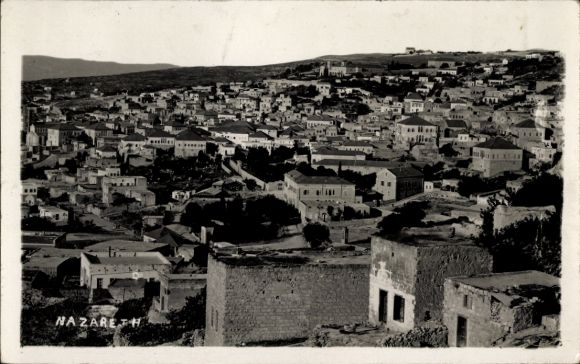 Postcard Nazaret Nazareth Israel, view of many houses, landscape, black and white photo