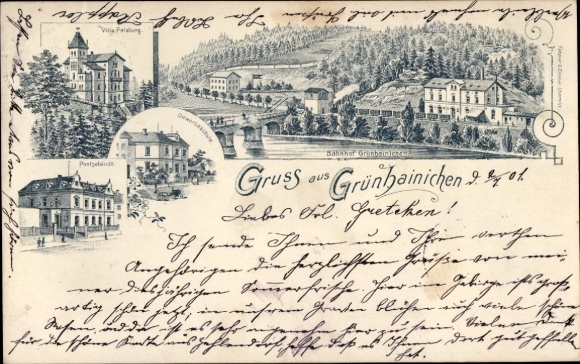 Chromo-Litho Grünhainichen in the Erzgebirge, train station, post office, Villa Felsburg, trade school