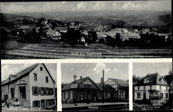Ak Ruschberg bei Baumholder, Bahnhof, Gleisseite, Gasthaus, Handlung Jakob Schmidt, Totale