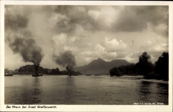 Postcard Bad Honnef on the Rhine, Grafenwerth Island, Rhineland landscape, ships with smoke, Grafenwerth Island