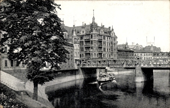 Ak Poznań Posen, Brücke, Gebäude, Boot auf dem Wasser, Baum
