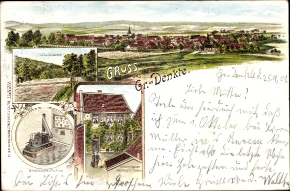litho Groß Denkte in Nedersaksen, elektriciteitsstation, doeltribune, totaaloverzicht