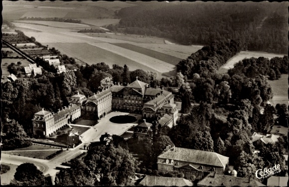 Postcard Bad Arolsen in Hesse, aerial view of a castle surrounded by forests and fields,