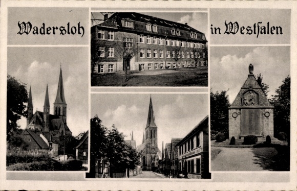 Postcard Wadersloh in Westphalia, memorial, church