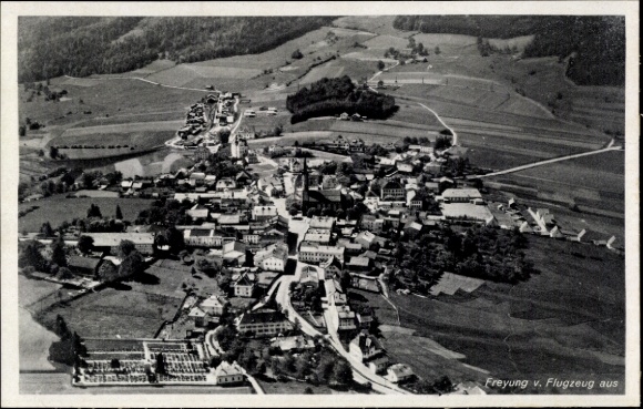 Postcard Freyung in the Bavarian Forest, aerial view of the city, rural surroundings