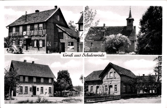Postcard Schulenrode Cremlingen in Lower Saxony, inn, church, school