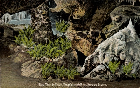 Postcard Bad Thal Ruhla in Thuringia, stalactite cave, large grotto, 4m high stalactite pyramid, 60m t