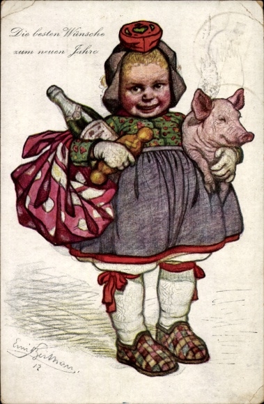 Künstler Ak Beithan, Emil, Glückwunsch Neujahr, Mädchen in hessischer Tracht, Schwein, Sekt