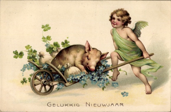 Embossing Chromo-Litho Happy New Year, Cloverleaf, Pig, Angel, Forget-me-not