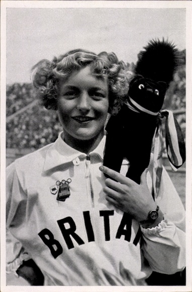 Collector's picture 1936 Olympics, swimmer Ruthley Moris-Hancock, talisman, stuffed toy black cat