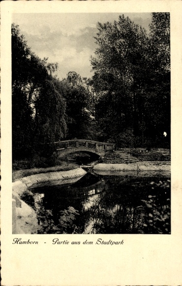 KP Hamborn Duisburg w Zagłębiu Ruhry, most, park miejski, woda, drzewa, Hamborn