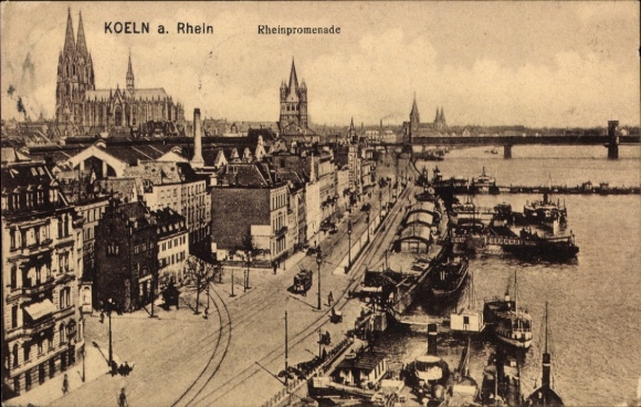 Postcard Cologne on the Rhine, Cologne on the Rhine, Rhine promenade, ships, tram, cathedral in the background