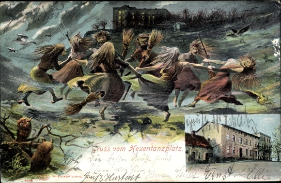 Kunstenaarskaart Thale in de Harz, heksendansplaats, heksen, hotel
