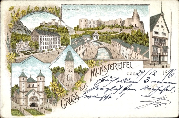 Chromo-Litho Bad Münstereifel North Rhine-Westphalia, Hotel Hillebrand, collegiate church, Werther Gate, castle ruins