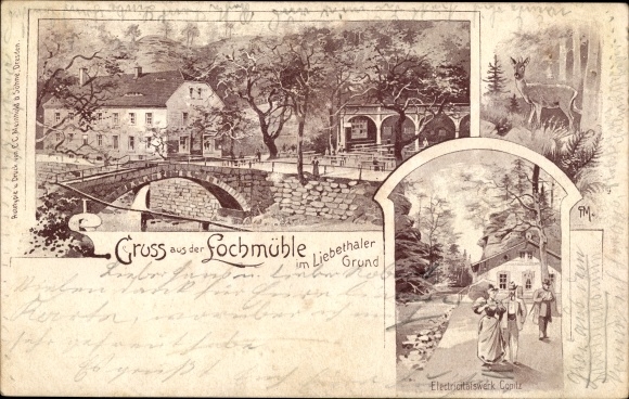 Chromo-Litho Lohmen in the Elbe Sandstone Mountains, Lochmühle, Liebethaler Grund, Copitz power station
