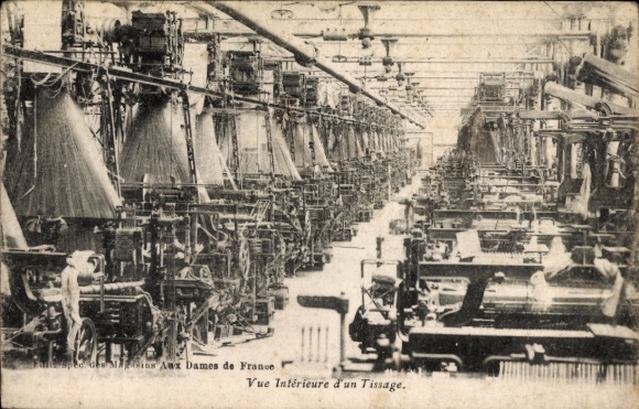 Postcard Interior view of a weaving mill in France