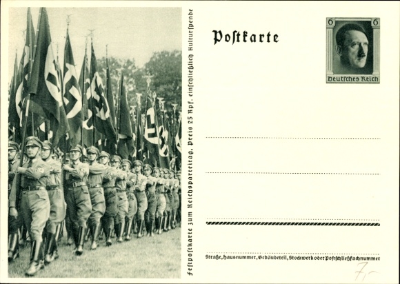 Postal stationery Postcard Nuremberg, Reich Party Rally of the NSDAP 1937, Marching Squadron Gau Saxony