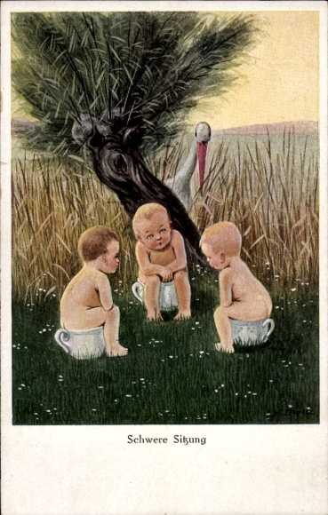 Artist Postcard Number, Children on the potty are watched by stork, bush