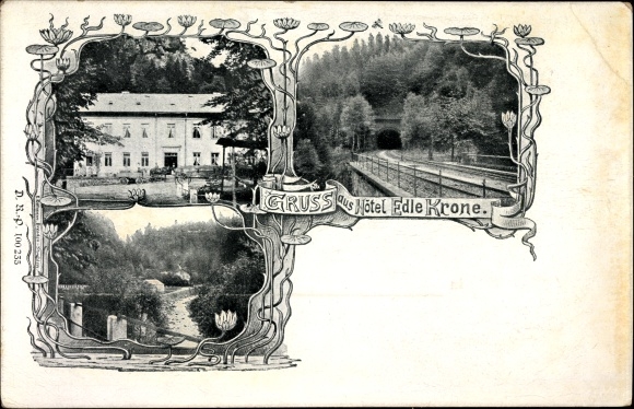 Postcard Edle Krone Klingenberg in the Eastern Ore Mountains, Hotel Edle Krone, railway line, tunnel