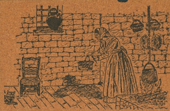 Leder Ak Wohnstube, Frau mit Kochtopf, Kessel, Katze, Stuhl