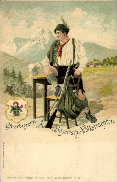 Postcard Inning am Ammersee Upper Bavaria, A man in traditional costume sits on a chair and drinks from a...