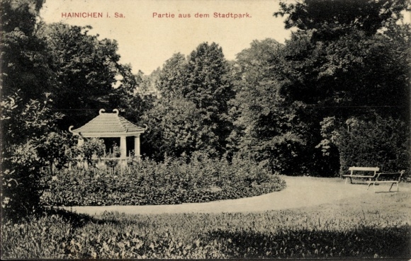 Ak Hainichen in Sachsen, Stadtpark mit Pavillon, Bäume, Weg, Bank