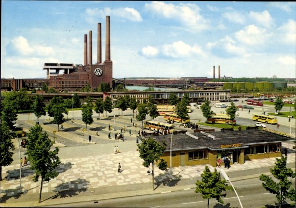 Postcard Wolfsburg in Lower Saxony, train station and VW factory