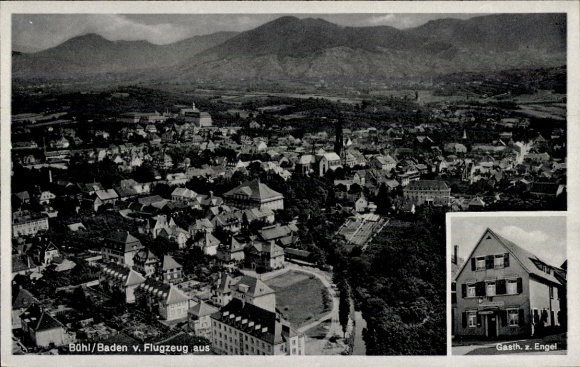 Postcard Bühl in Baden Black Forest, aerial photograph, Gasth. z. Engel