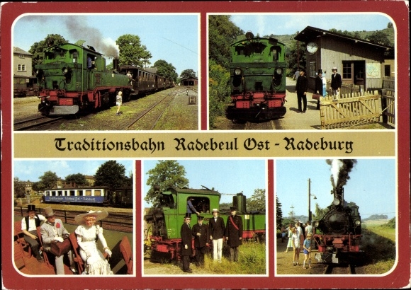 Postcard Deutsche Eisenbahn, traditional railway Radebeul Ost-Radeburg, train crew in historical uniforms