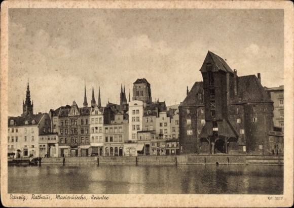 Postcard Gdańsk Danzig, city view town hall, St. Mary's Church, harbor, architecture