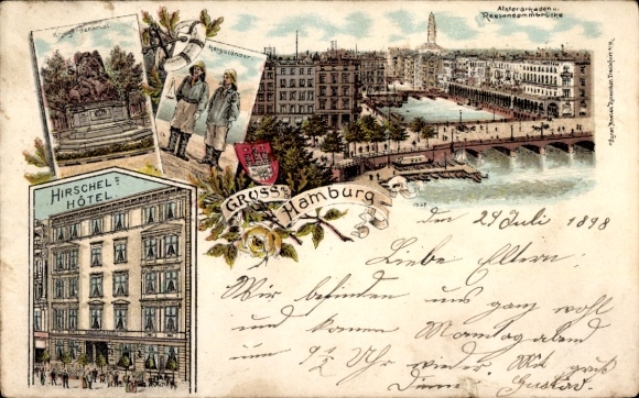 Coat of arms Chromo-Litho Hamburg Mitte Neustadt, Alsterarkaden, Reesendamm Bridge, Hirschels Hotel