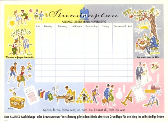 Allianz insurance timetable, apprenticeships, save learn bar, around 1960
