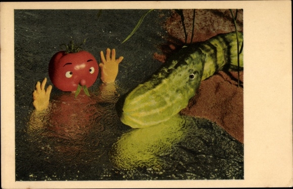 Postcard Tomato as a human in the water, cucumber as a crocodile