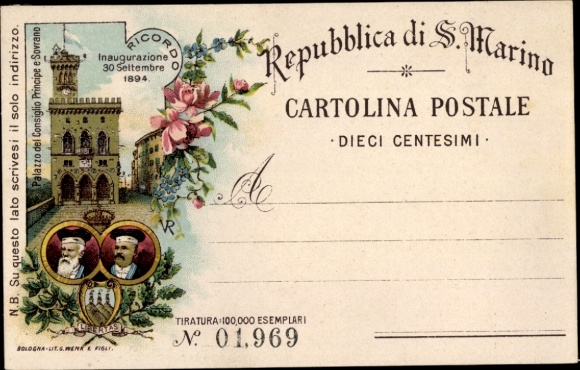 lito San Marino, Palazzo del Consiglio Principe e Sovrano, inauguracja 1894