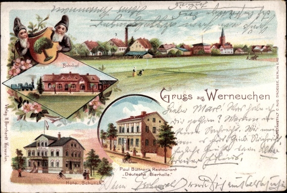 Chromo-Litho Werneuchen in the district of Barnim, train station, restaurant Deutsche Bierhalle, Hotel Schunck