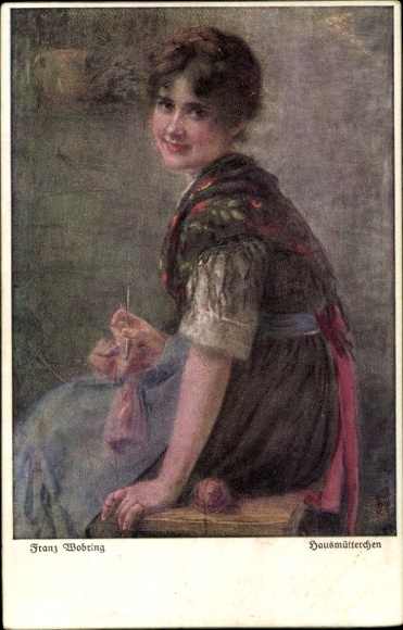Kunstenaarskaart Bobring, Franz, huismoeder, breiende vrouw