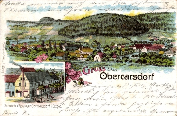 Postcard Obercarsdorf Schmiedeberg Dippoldiswalde Erzgebirge, Greetings from Schmiede Restaurant, Mountains