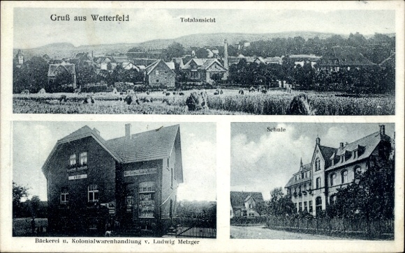 Postcard Wetterfeld Laubach in Hesse, school, long shot, bakery, grocery store